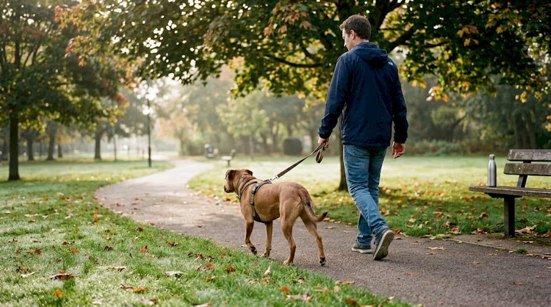 Dog wearing dual clip harness walking in park