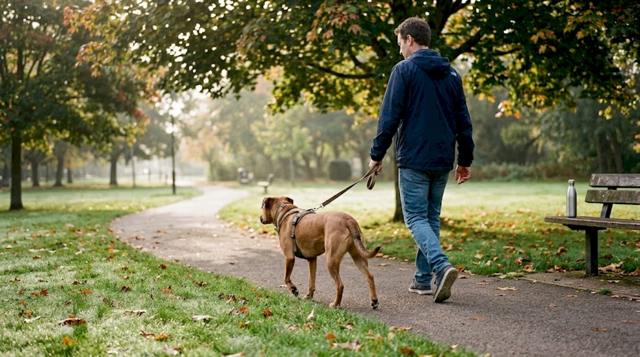 Dog wearing dual clip harness walking in park