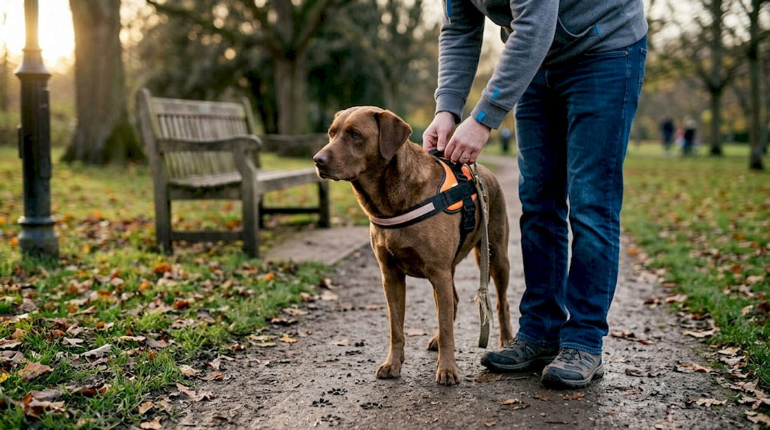 Dog wearing reflective harness in evening park
