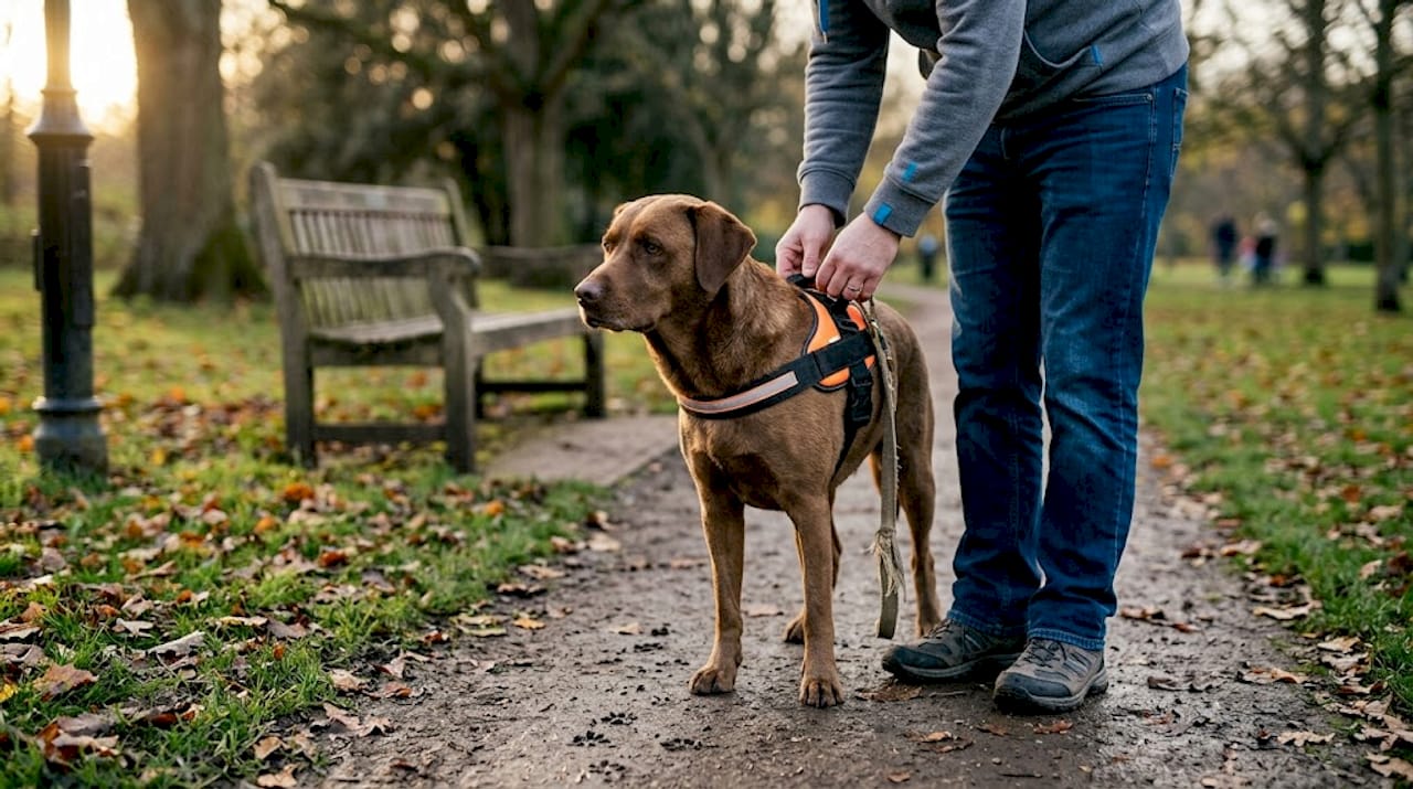 Dog wearing reflective harness in evening park